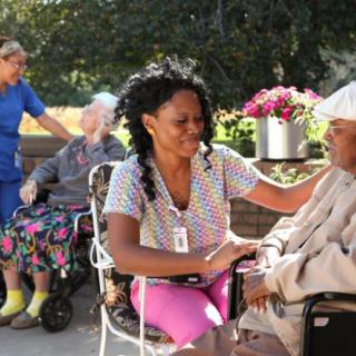 A caregiver interacting warmly with an elderly person in a wheelchair outdoors, alongside others enjoying the day.