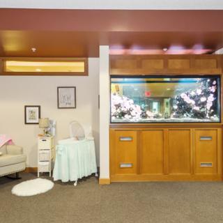 A cozy living room features a large aquarium set in a wooden cabinet, surrounded by soft furniture and decorative items.