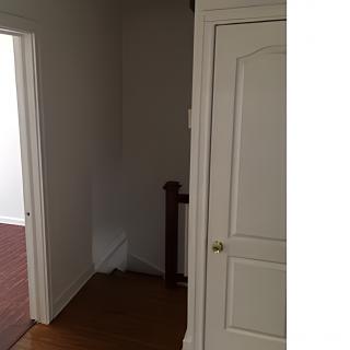 A hallway with a closed door and a staircase leading down.