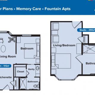 Floor plans for memory care apartments at Fountain Apts, showing two different layouts.
