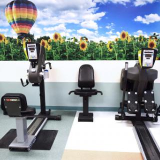 A fitness area featuring various workout machines against a vibrant backdrop of sunflowers and a hot air balloon.
