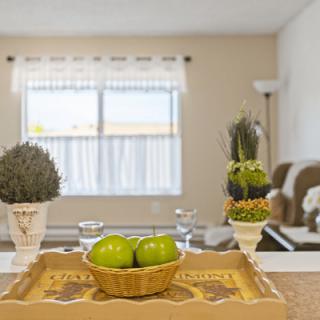 A cozy living room with a table centerpiece featuring green apples and decorative plants.