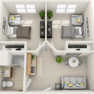 A 3D floor plan of a two-bedroom apartment with a shared living area and kitchen.