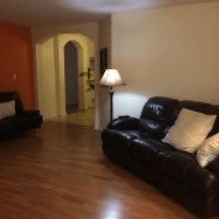 A cozy living room with leather sofas and a floor lamp on a wooden floor.