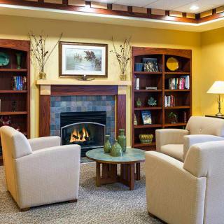 A cozy living room with a fireplace, surrounded by armchairs and bookshelves.