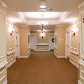 A well-lit hotel corridor with multiple doors and elegant decor.