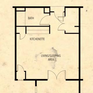 A simple floor plan depicting an apartment with a kitchen, bathroom, and living/sleeping area.