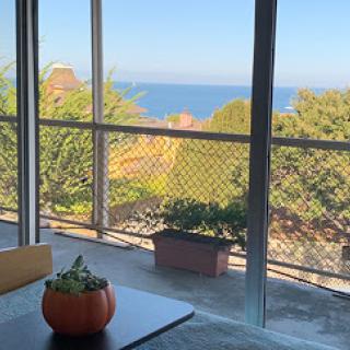 A cozy interior with a view of the ocean, featuring a decorative pumpkin and lush greenery outside.