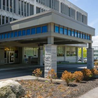 A modern office building with a landscaped entrance area on a clear day.