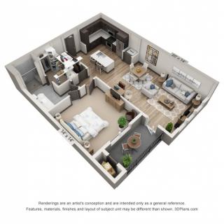 A 3D-rendered floor plan of a modern apartment showing the layout of rooms and furniture.