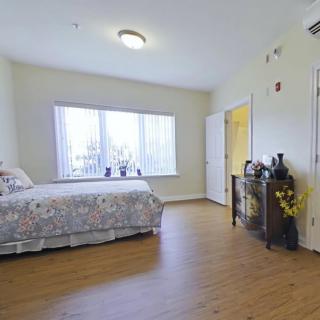 A spacious bedroom with a single bed, large window, and wooden flooring.