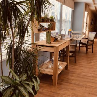 A cozy hallway with wooden furniture and green plants bathed in sunlight.