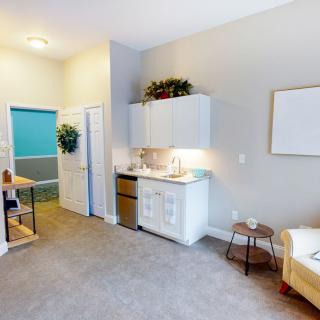 A cozy studio apartment featuring a small kitchen with modern decor and indoor plants.