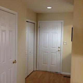 A tidy hallway with two closed doors and overhead lighting.