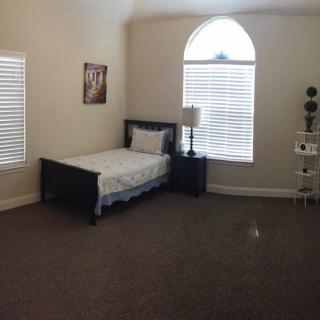 A minimalist bedroom with a single bed and large windows.
