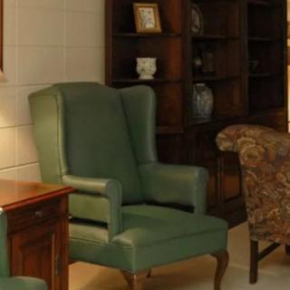A cozy living room setting featuring a green armchair and a wooden bookshelf.