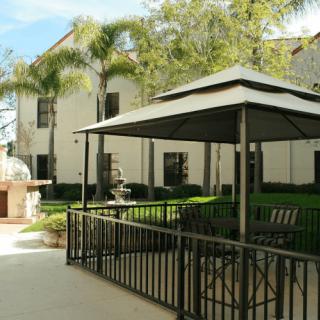 A peaceful outdoor area featuring a gazebo, fountain, and palm trees.