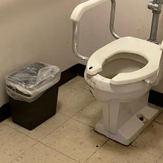 A white toilet with grab bars next to a small wastebasket in a bathroom.