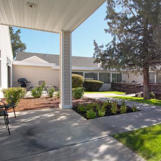 A sunny outdoor patio area with greenery and seating arrangements.