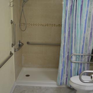 An accessible bathroom with grab bars and a shower curtain.