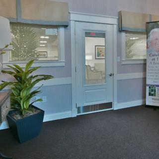 A reception area featuring a door, windows, and a large potted plant.