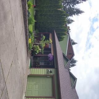A green house with a garage and landscaping under a cloudy sky.