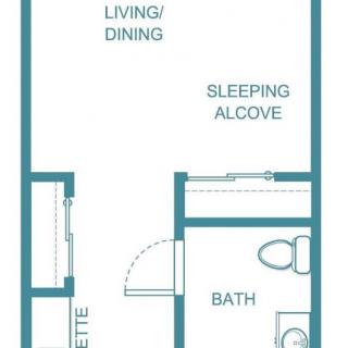Studio apartment floor plan with a living/dining area, sleeping alcove, bathroom, and kitchenette.