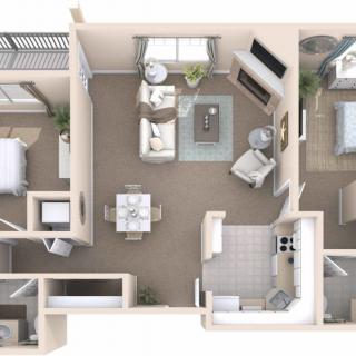 A detailed floor plan of a two-bedroom apartment, featuring a living room, kitchen, dining area, and balcony.