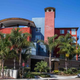 Modern apartment building with palm trees in an urban setting.