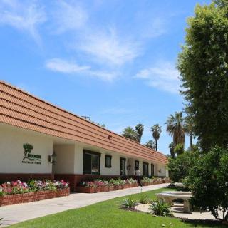 A single-story building surrounded by lush landscaping and palm trees on a sunny day.