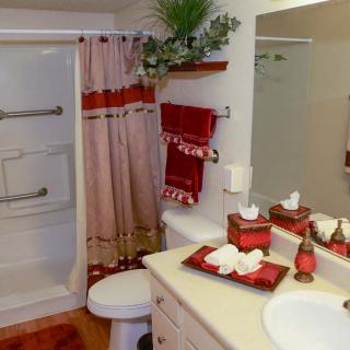 A well-decorated bathroom with red accents and neatly arranged toiletries.