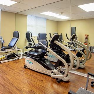 A modern gym with stationary bikes and mirrored walls.