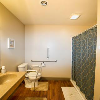 An accessible bathroom with a shower, toilet, sink, and safety grab bars.