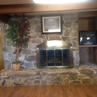A cozy living room with a stone fireplace, television, and decorative plant.