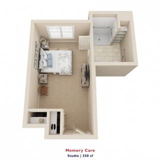 3D floor plan of a memory care unit featuring a bedroom and bathroom.