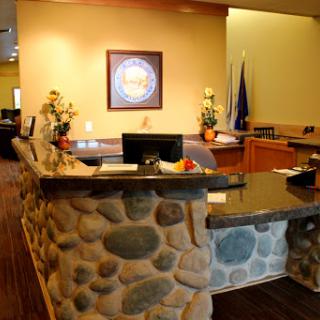 A welcoming reception area featuring a stone counter and decorative plants.