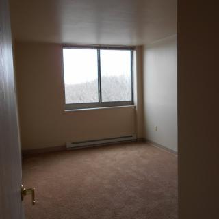 An empty room with a large window and carpeted floor.