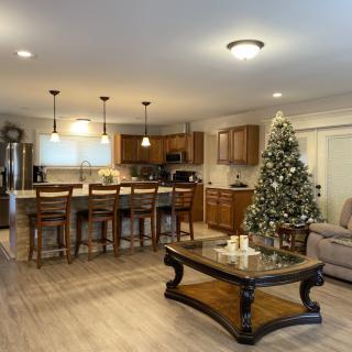 A cozy open-concept kitchen and living room featuring a decorated Christmas tree.