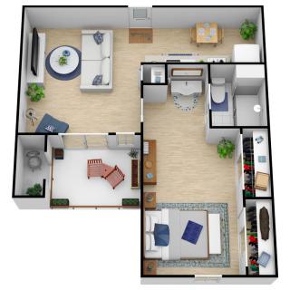 A 3D rendering of a modern apartment floor plan showcasing the layout and furniture arrangement.