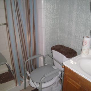 A bathroom featuring a toilet with assistive seating, a shower with a curtain, and a sink.
