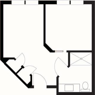 A simple residential floor plan layout with two rooms and a bathroom.