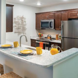 A modern kitchen featuring sleek wood cabinets, stainless steel appliances, and bright orange accents.