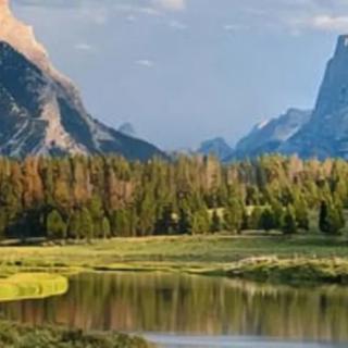 A scenic view of a tranquil lake surrounded by lush forests and majestic mountains.