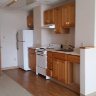 A simple kitchen with wooden cabinets, a refrigerator, and a stove.