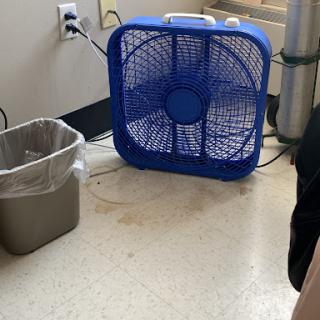 A blue fan placed next to a trash can in an office setting.