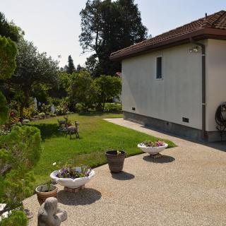 A beautifully landscaped garden beside a house on a sunny day.