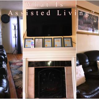 A cozy living room setup in an assisted living environment, featuring a fireplace, television, and comfortable seating.