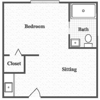 This is a simple floor plan of a living space including a bedroom, bathroom, closet, and sitting area.