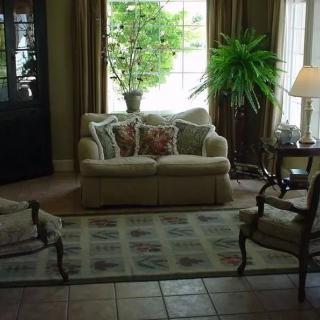 A cozy living room with a sofa, armchairs, and abundant natural light from large windows.