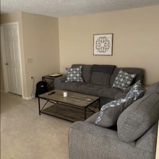 A cozy living room with a grey sofa and patterned cushions, featuring a wooden coffee table and minimalist decor.